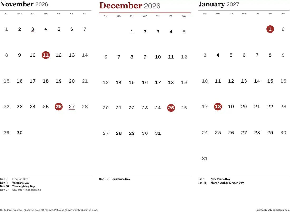 December 2026 calendar, printable with US holidays, 3-month view design, landscape