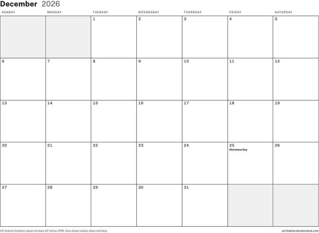 December 2026 calendar, printable with US holidays, Blank design, landscape