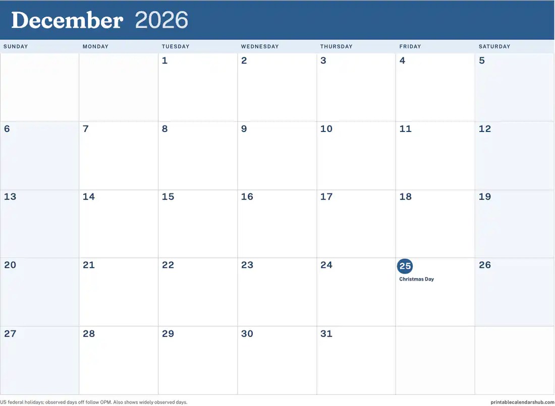 December 2026 calendar, printable with US holidays, Color accent design, landscape