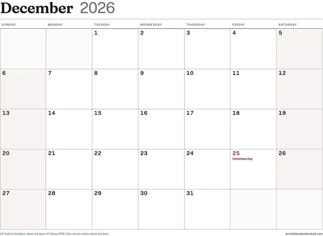 December 2026 calendar, printable with US holidays, landscape