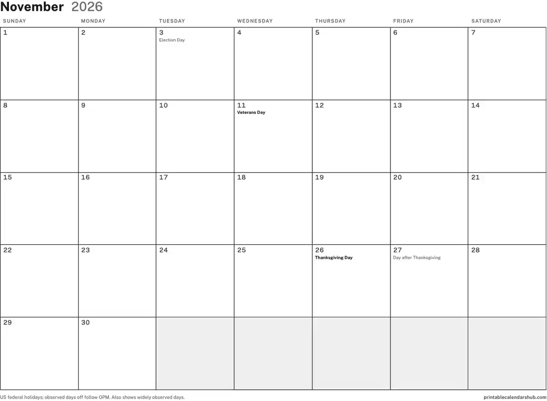 November 2026 calendar, printable with US holidays, Blank design, landscape