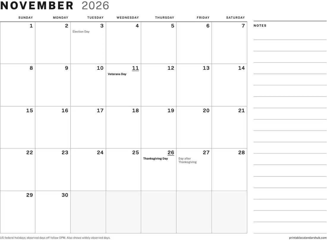 November 2026 calendar, printable with US holidays, Large boxes with notes design, landscape