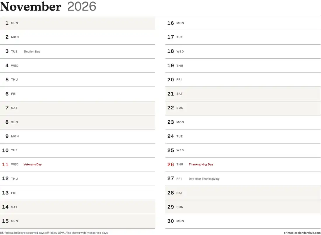 November 2026 calendar, printable with US holidays, Vertical list design, landscape