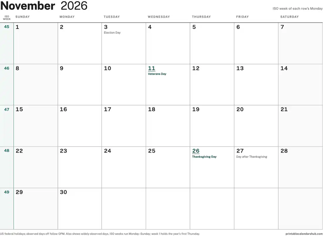 November 2026 calendar, printable with US holidays, ISO week numbers design, landscape