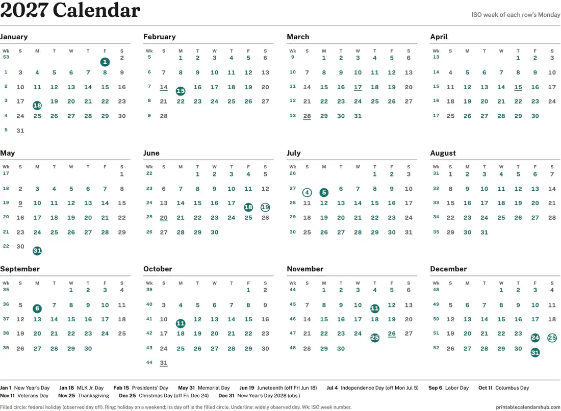 2027 calendar with ISO week numbers on one page, landscape