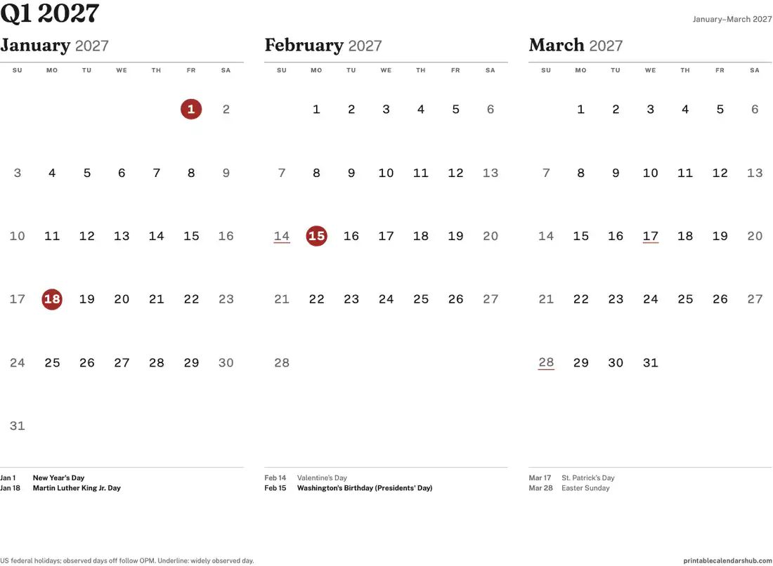Q1 2027 quarterly calendar, January to March, printable with US holidays