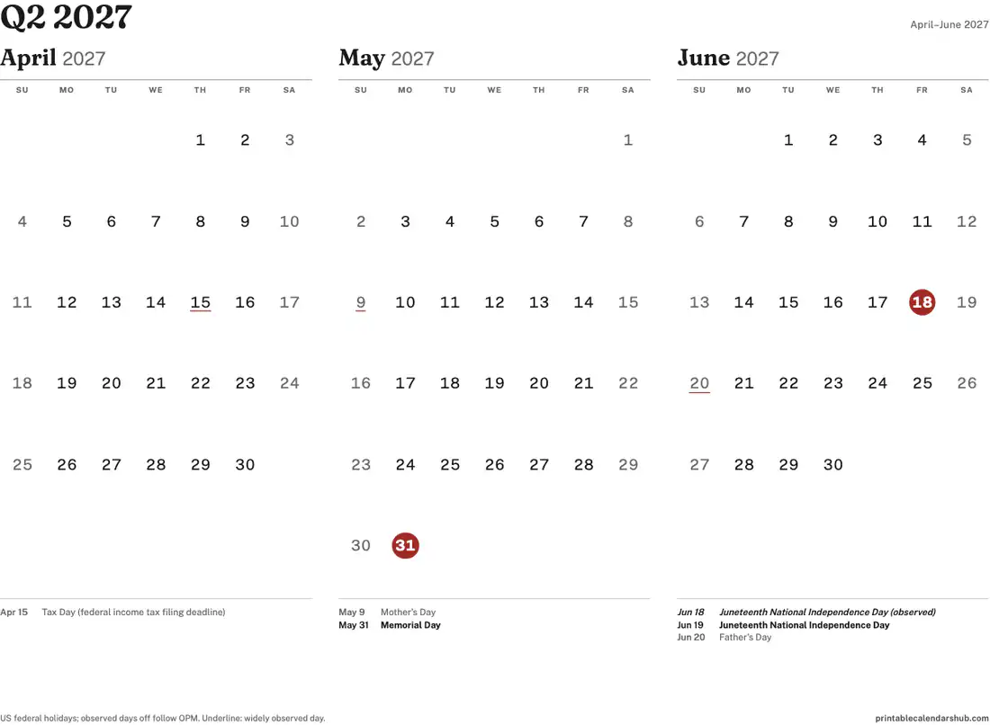Q2 2027 quarterly calendar, April to June, printable with US holidays