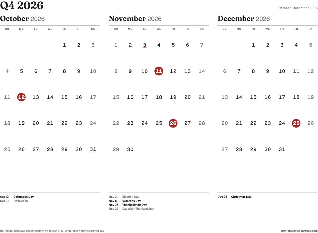 Q4 2026 quarterly calendar, October to December, printable with US holidays