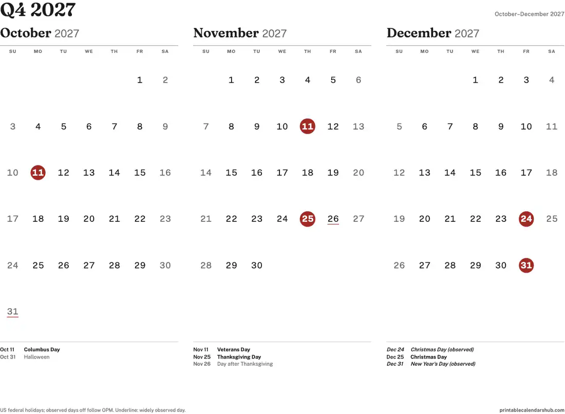 Q4 2027 quarterly calendar, October to December, printable with US holidays