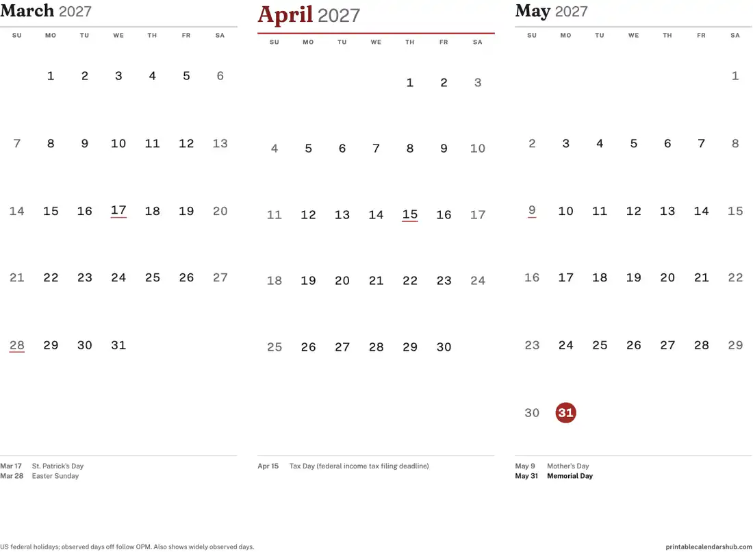 April 2027 calendar, printable with US holidays, 3-month view design, landscape
