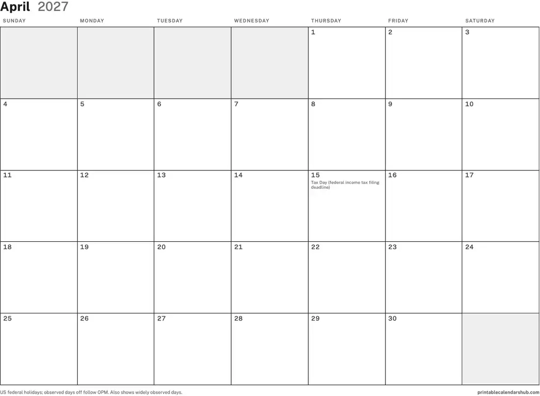 April 2027 calendar, printable with US holidays, Blank design, landscape