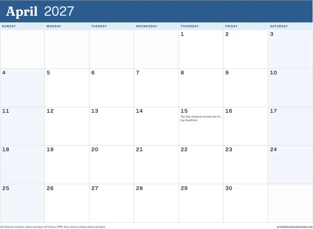 April 2027 calendar, printable with US holidays, Color accent design, landscape