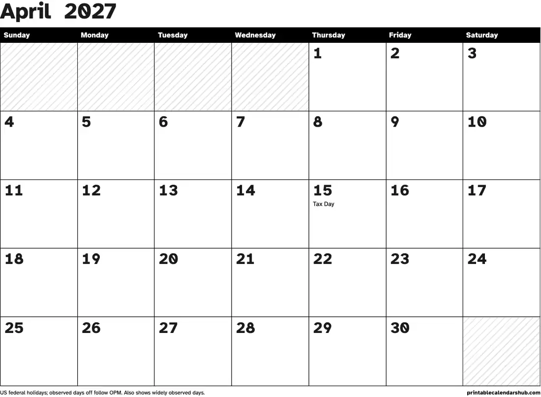 April 2027 calendar, printable with US holidays, Large print, high contrast design, landscape