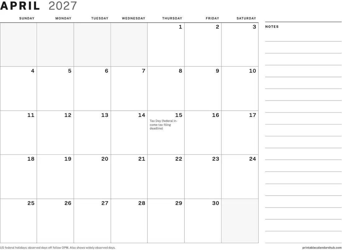 April 2027 calendar, printable with US holidays, Large boxes with notes design, landscape