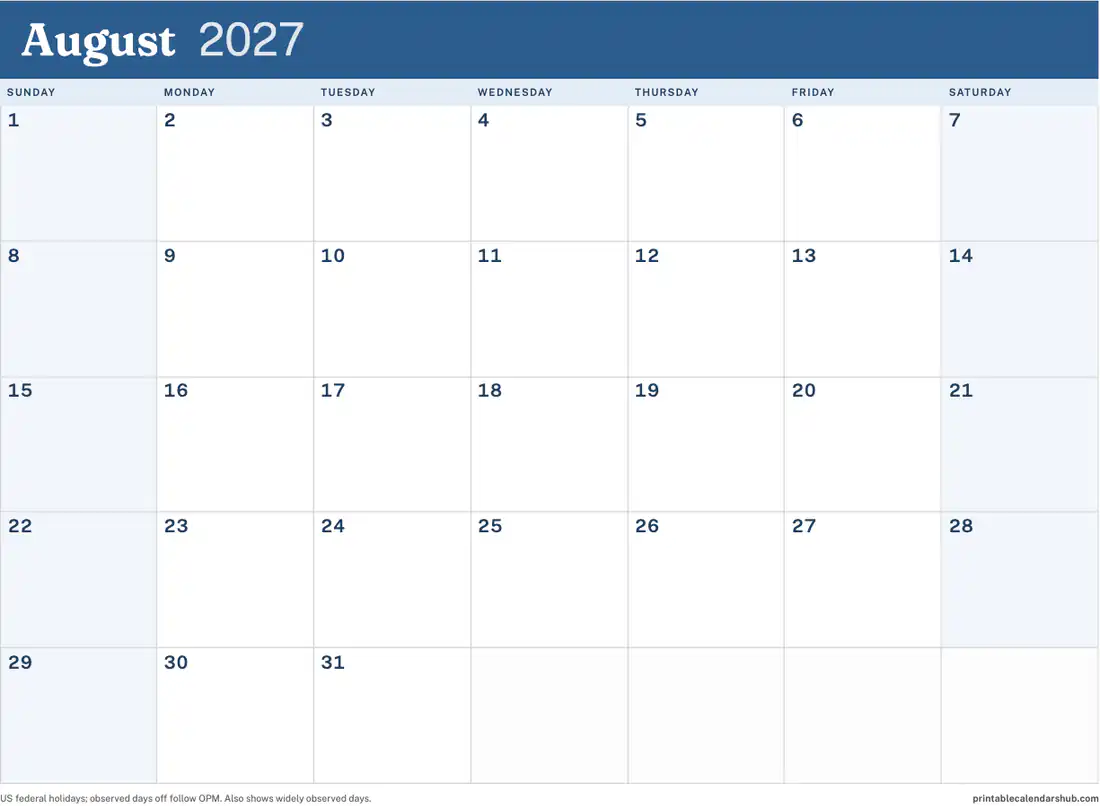 August 2027 calendar, printable with US holidays, Color accent design, landscape