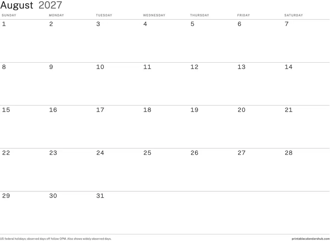 August 2027 calendar, printable with US holidays, Minimal ink-saver design, landscape