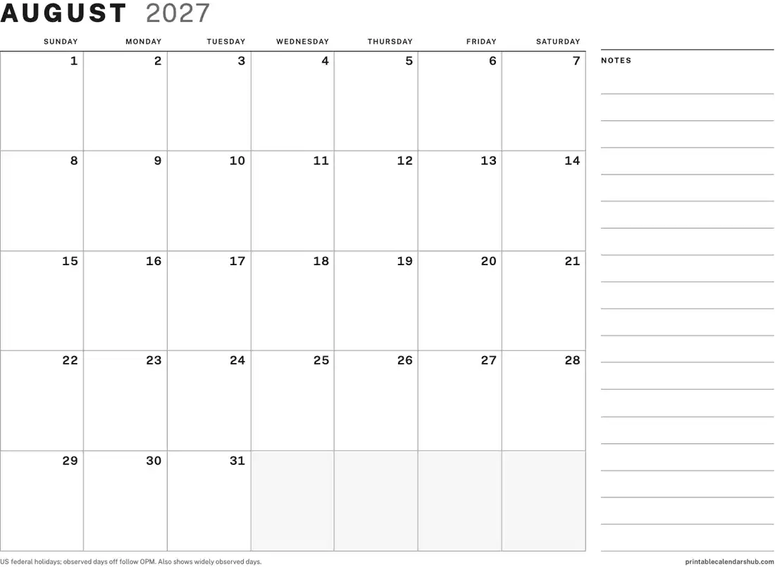 August 2027 calendar, printable with US holidays, Large boxes with notes design, landscape