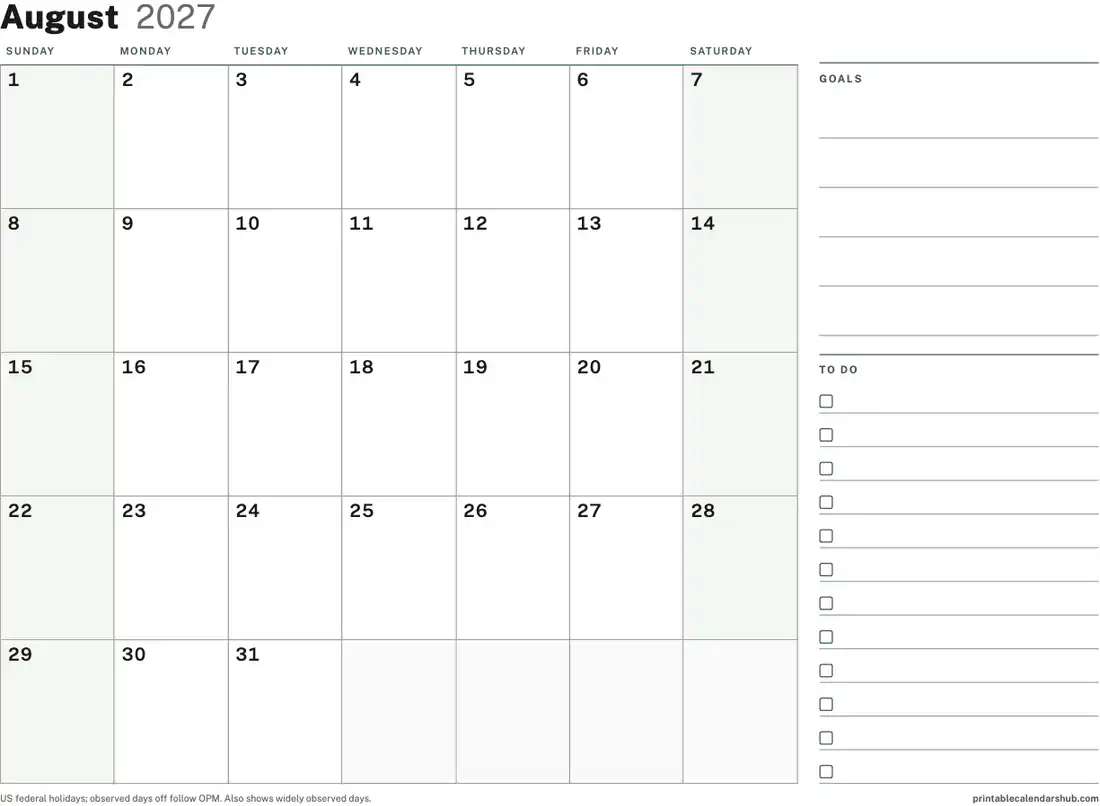 August 2027 calendar, printable with US holidays, Planner with to-do column design, landscape