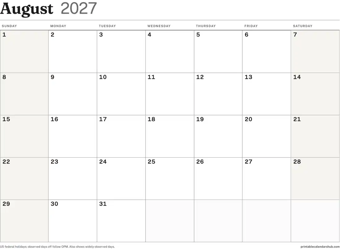 August 2027 calendar, printable with US holidays, Classic grid design, landscape