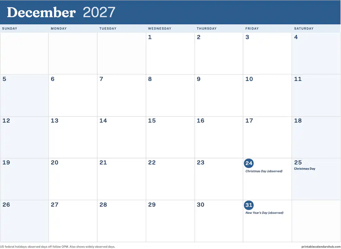 December 2027 calendar, printable with US holidays, Color accent design, landscape