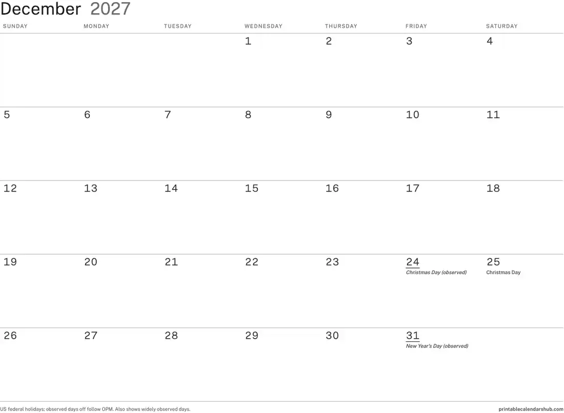 December 2027 calendar, printable with US holidays, Minimal ink-saver design, landscape