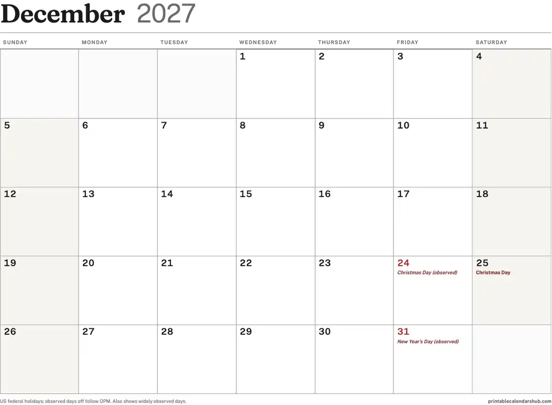 December 2027 calendar, printable with US holidays, landscape