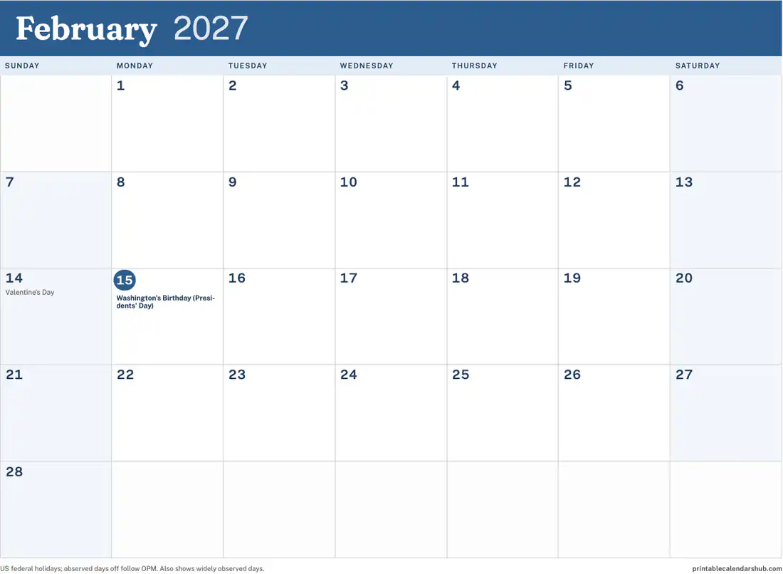 February 2027 calendar, printable with US holidays, Color accent design, landscape