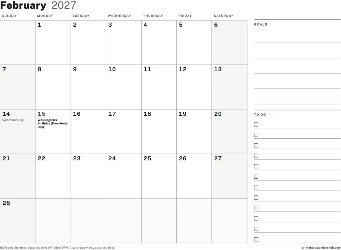 February 2027 calendar, printable with US holidays, Planner with to-do column design, landscape