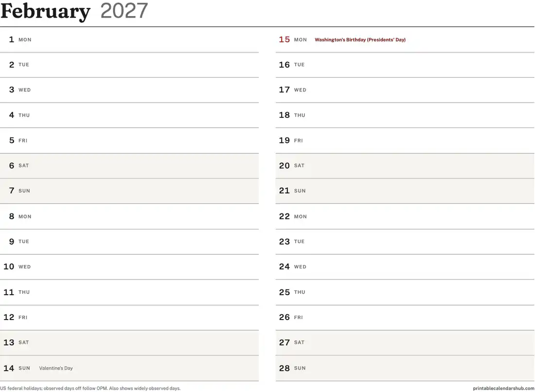 February 2027 calendar, printable with US holidays, Vertical list design, landscape