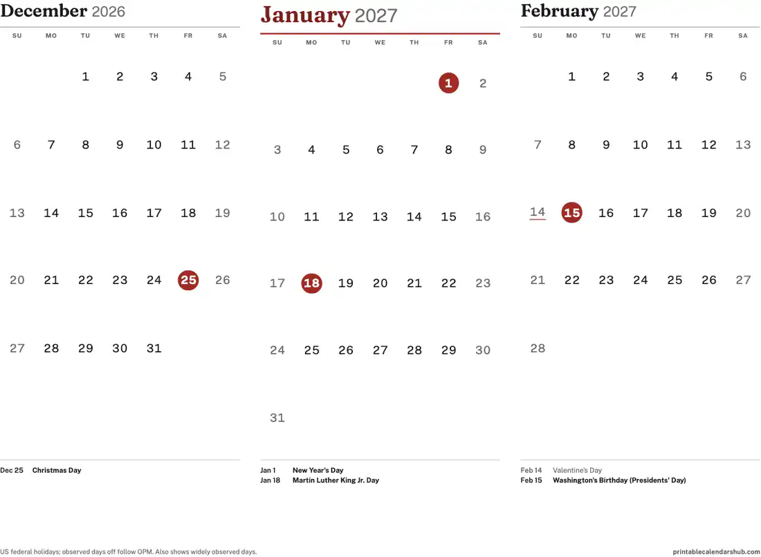 January 2027 calendar, printable with US holidays, 3-month view design, landscape