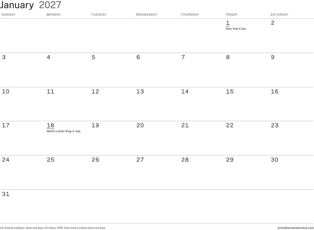 January 2027 calendar, printable with US holidays, Minimal ink-saver design, landscape