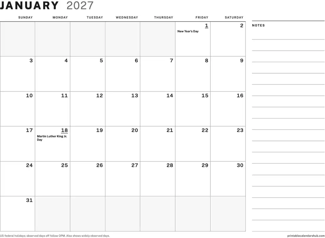 January 2027 calendar, printable with US holidays, Large boxes with notes design, landscape