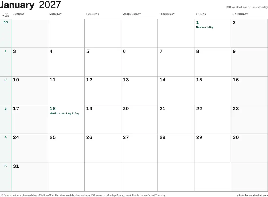 January 2027 calendar, printable with US holidays, ISO week numbers design, landscape