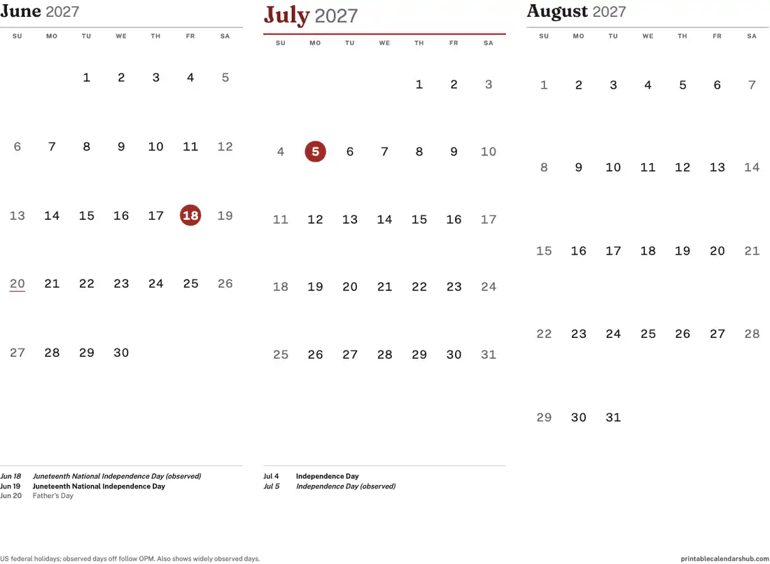 July 2027 calendar, printable with US holidays, 3-month view design, landscape