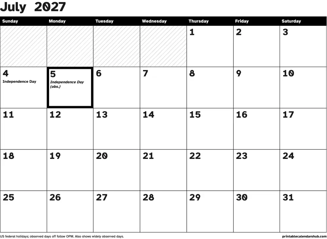 July 2027 calendar, printable with US holidays, Large print, high contrast design, landscape