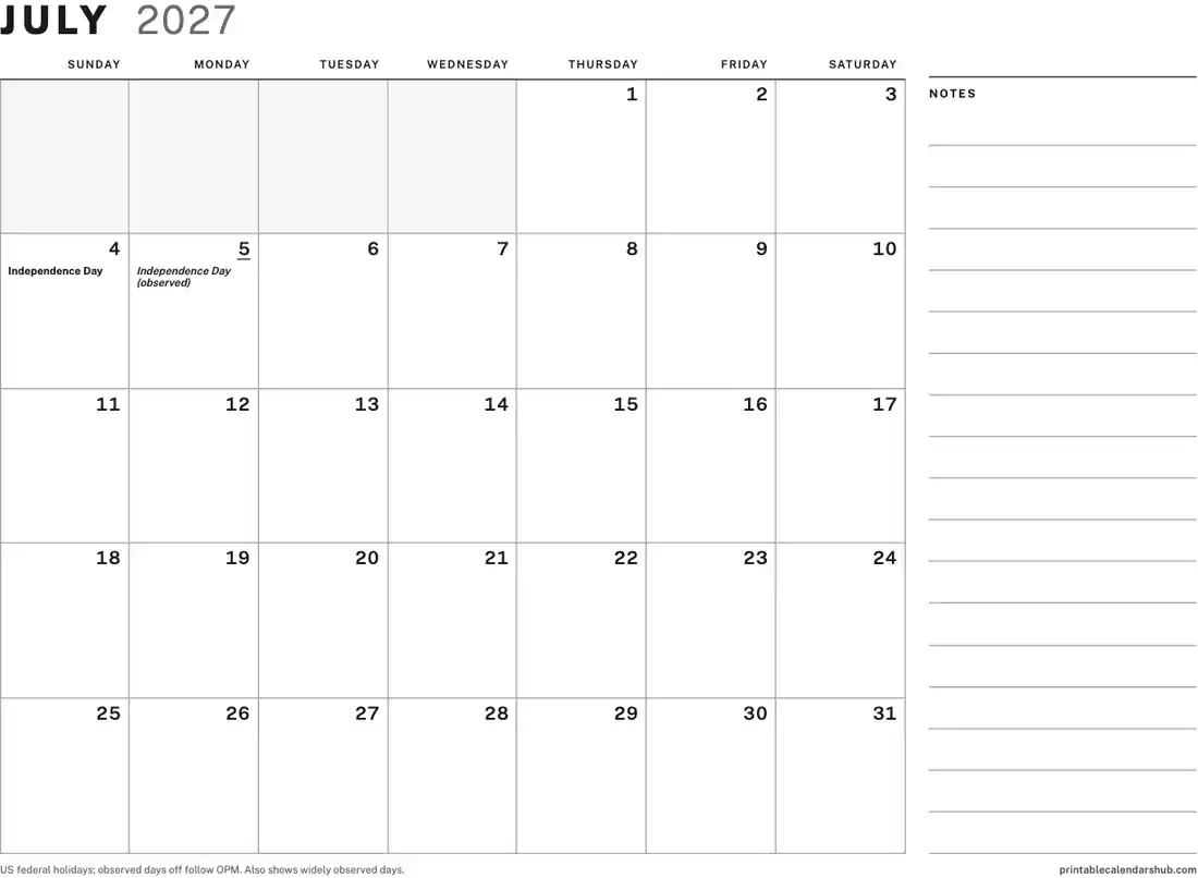 July 2027 calendar, printable with US holidays, Large boxes with notes design, landscape