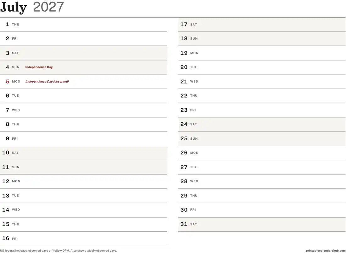 July 2027 calendar, printable with US holidays, Vertical list design, landscape