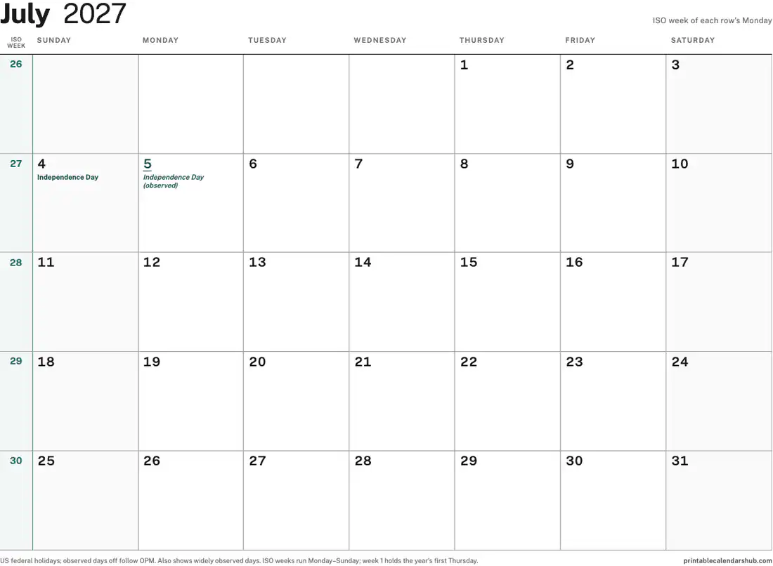 July 2027 calendar, printable with US holidays, ISO week numbers design, landscape
