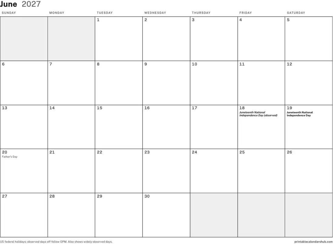 June 2027 calendar, printable with US holidays, Blank design, landscape