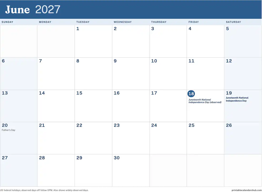 June 2027 calendar, printable with US holidays, Color accent design, landscape