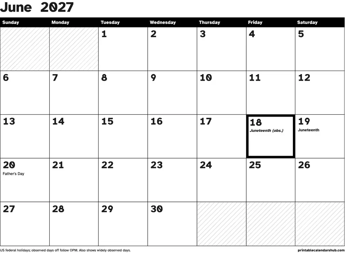 June 2027 calendar, printable with US holidays, Large print, high contrast design, landscape