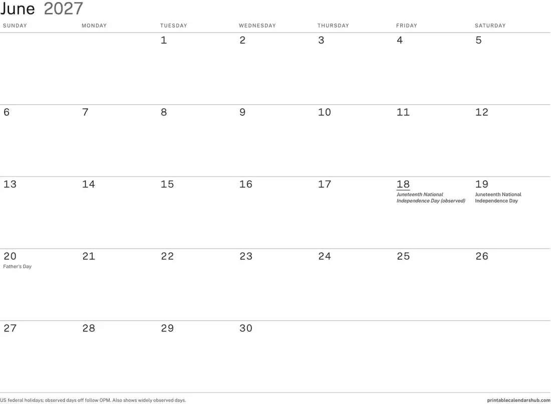 June 2027 calendar, printable with US holidays, Minimal ink-saver design, landscape