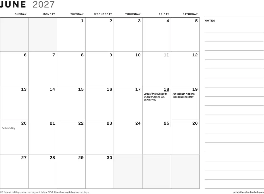 June 2027 calendar, printable with US holidays, Large boxes with notes design, landscape