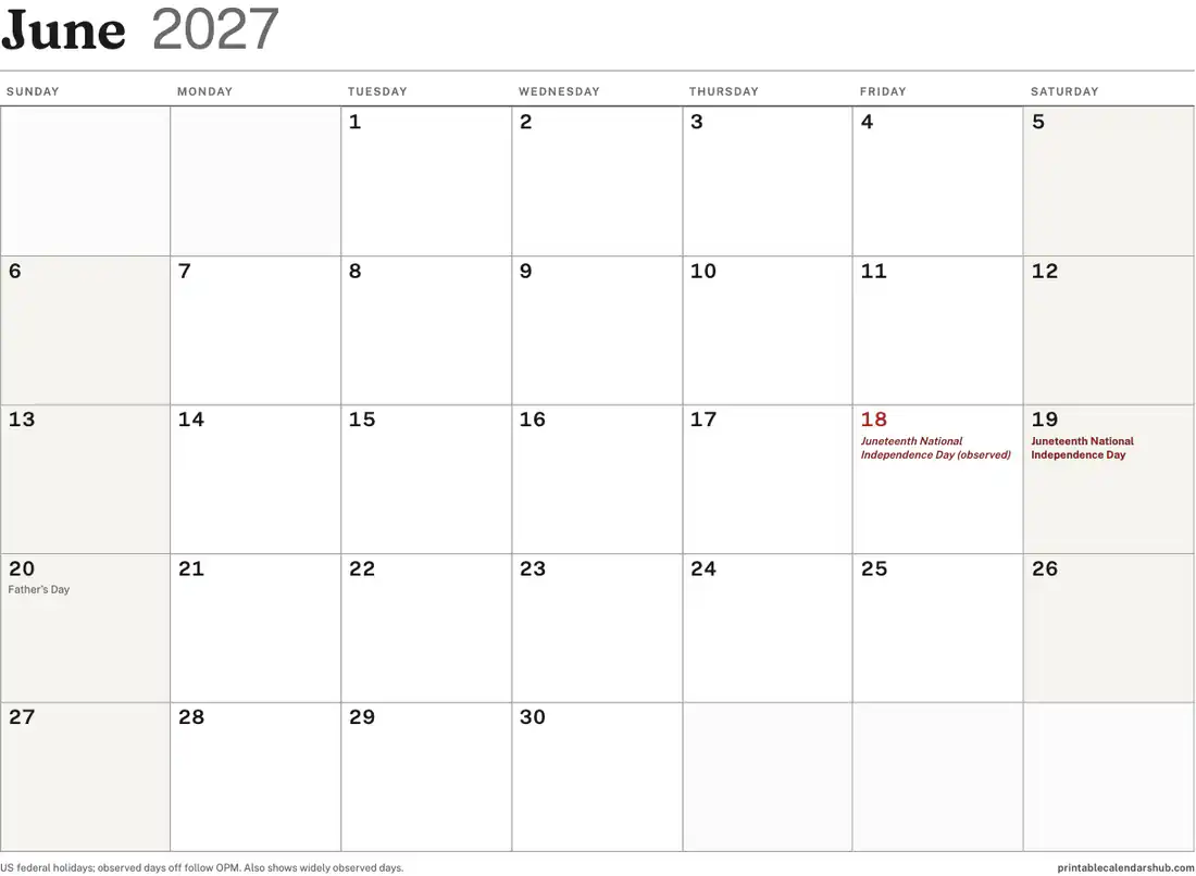 June 2027 calendar, printable with US holidays, landscape