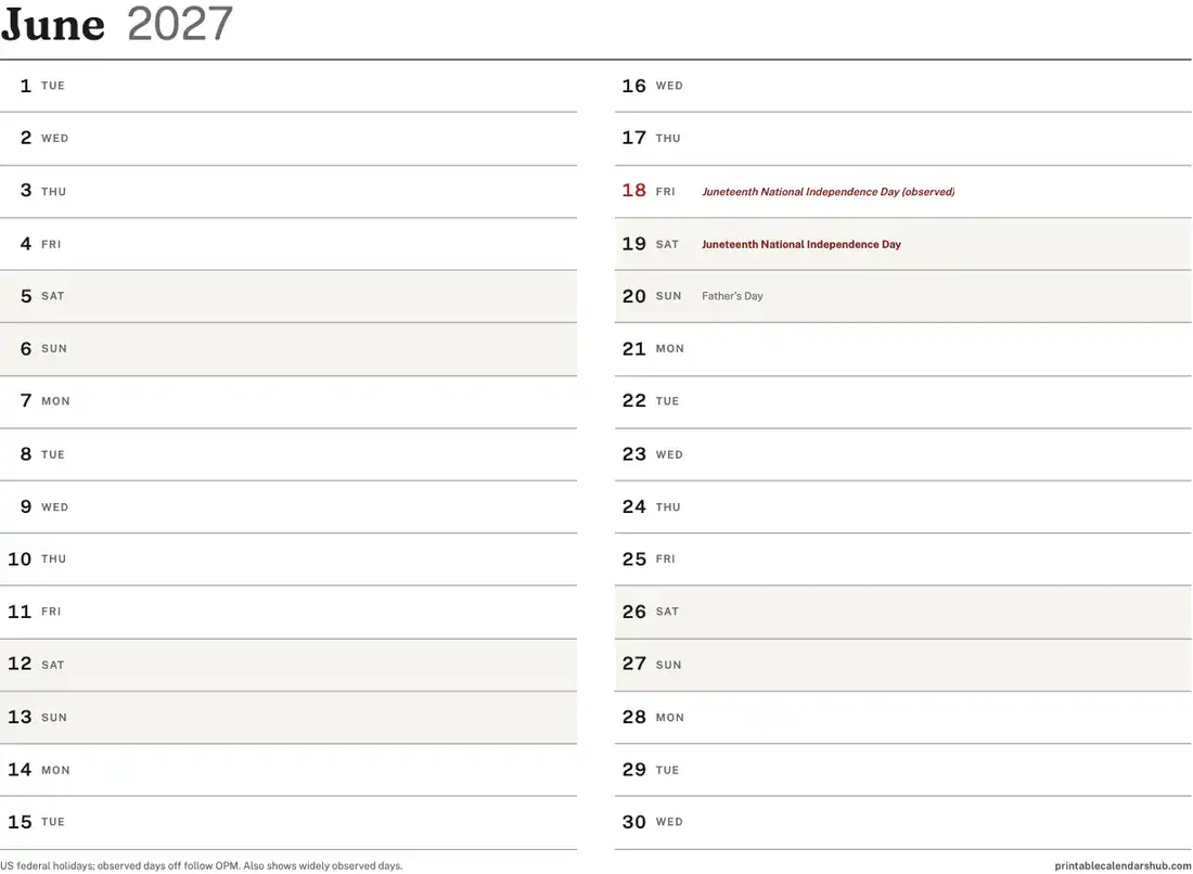 June 2027 calendar, printable with US holidays, Vertical list design, landscape