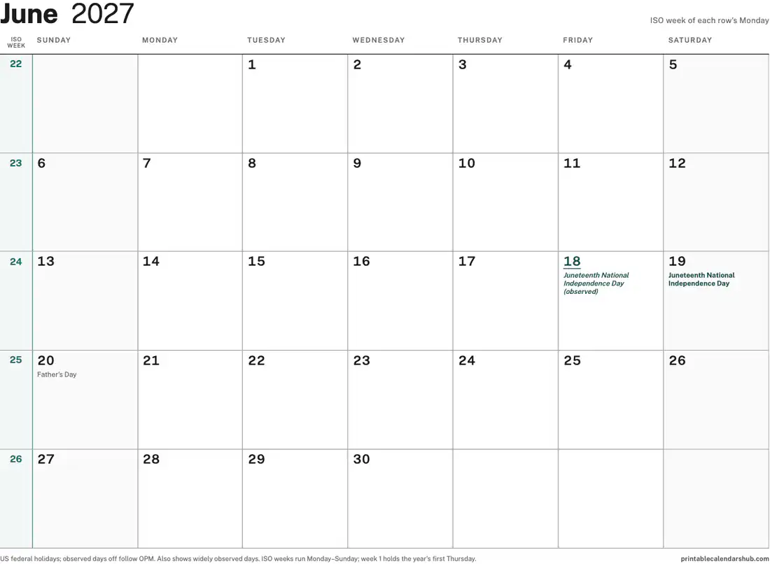 June 2027 calendar, printable with US holidays, ISO week numbers design, landscape