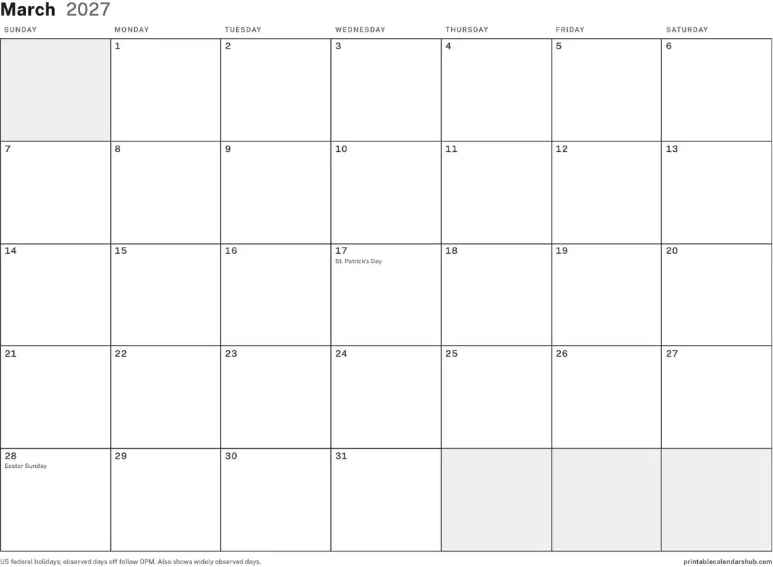 March 2027 calendar, printable with US holidays, Blank design, landscape