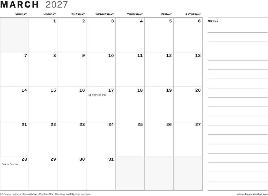 March 2027 calendar, printable with US holidays, Large boxes with notes design, landscape