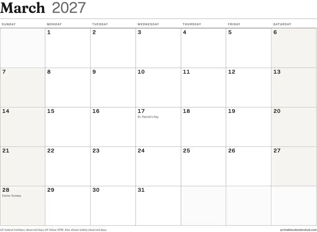 March 2027 calendar, printable with US holidays, Classic grid design, landscape
