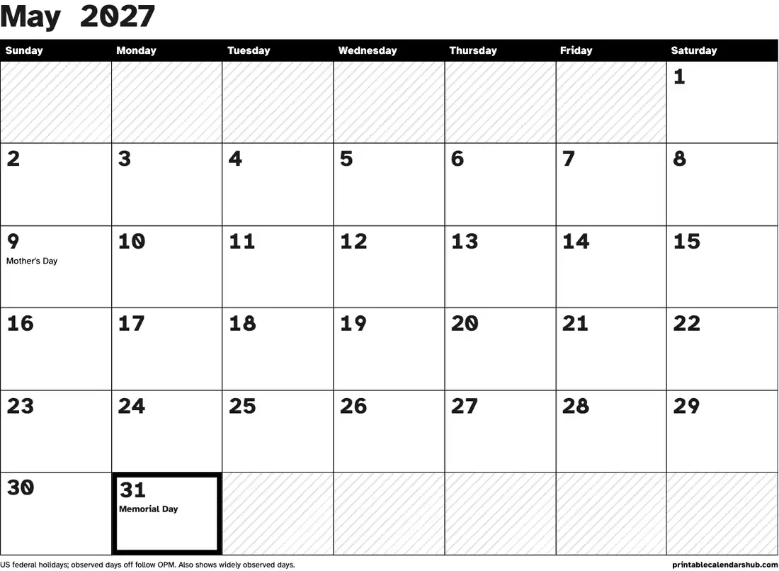 May 2027 calendar, printable with US holidays, Large print, high contrast design, landscape